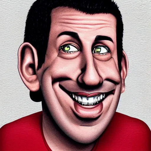 Image similar to a realistic, accurate caricature drawing of adam sandler