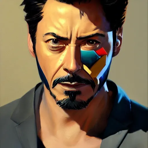 Image similar to greg manchess portrait painting of tony stark as overwatch character, totally whack, medium shot, asymmetrical, profile picture, organic painting, sunny day, matte painting, bold shapes, hard edges, street art, trending on artstation, by huang guangjian and gil elvgren and sachin teng