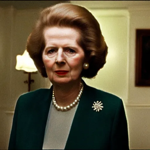 Image similar to A movie still of Margaret Thatcher in The Shining