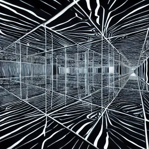 Image similar to infinity room with mirrors, sand, lightbulb, monster, scary, 4 k