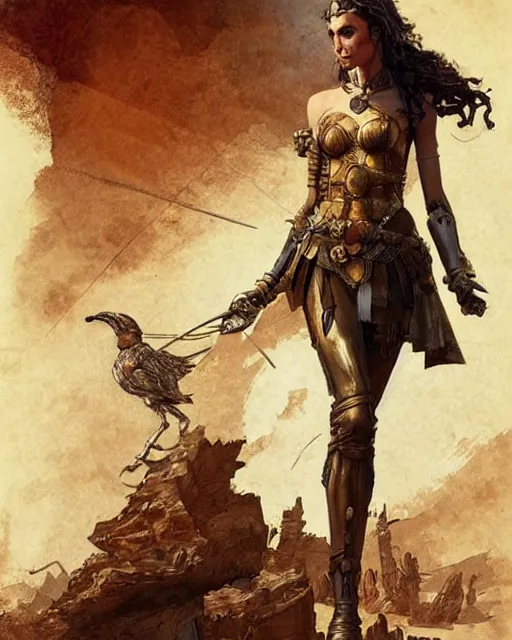 Prompt: highly detailed steampunk gal gadot standing, iron age : leonardo da vinci, greg rutkowski, magali villeneuve