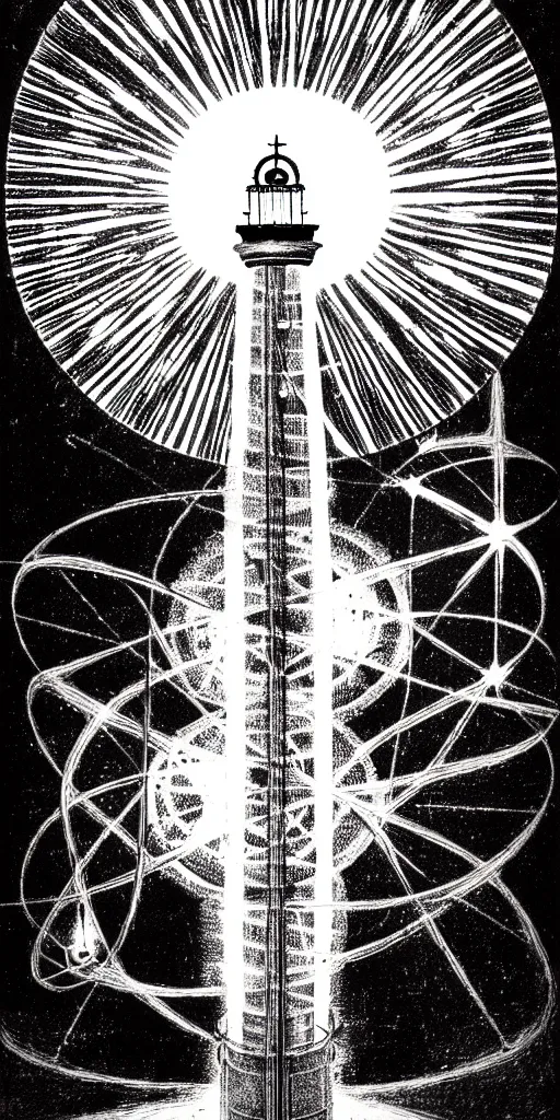 Image similar to an alchemical fiery lighthouse ego - self axis radiates a unique canto'as above so below'while being ignited by the spirit of haeckel and robert fludd, breakthrough is iminent, glory be to the magic within, in honor of saturn, painted by ronny khalil with dramatic lighting from the blue fire's glow