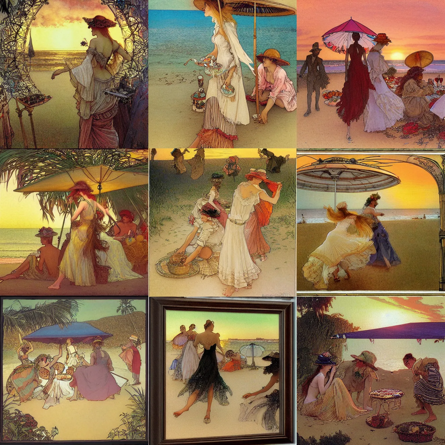 Prompt: victorian picnic on the beach, dancing, sandwiches, water, parasols, sunset, dramatic light, illustration by Alphone Mucha, fine detailed