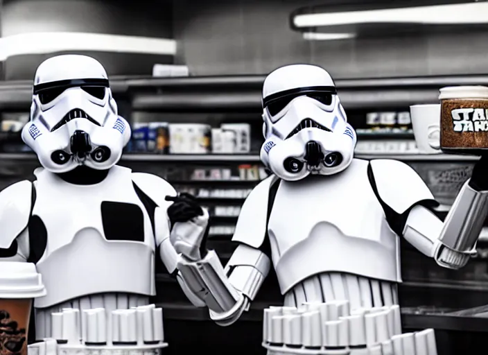 Image similar to film still of a storm trooper holding a cup of coffee in a convenience store working as a clerk in a convenience store checking out a storm trooper in the new Star Wars movie, 4k, black and white