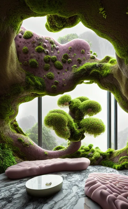 Image similar to highly detailed villa natural beautiful light interior soft cinematic composition of a smooth ceramic porcelain biomorphic magnolia stone nebula fluid sci - fi surreal colorful architecture landscape, furniture, granite, trees, marble, moss, lichen, fungi, vincent callebaut composition, mamou - mani, archviz, 8 k, unreal engine, hdr