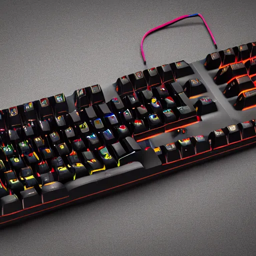 Image similar to mechanical keyboard made out of lava, raytracing, lens flare, 8k, bright colors