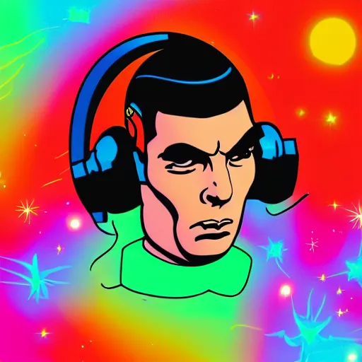 Image similar to svg sticker of a Pop-Wonder Captain-Spock-Star-Trek at a rave, spinning records, giant headphones rocking out, wearing headphones, huge speakers, dancing, rave, DJ, spinning records, digital art, amazing composition, rule-of-thirds, award-winning, trending on artstation, featured on deviantart