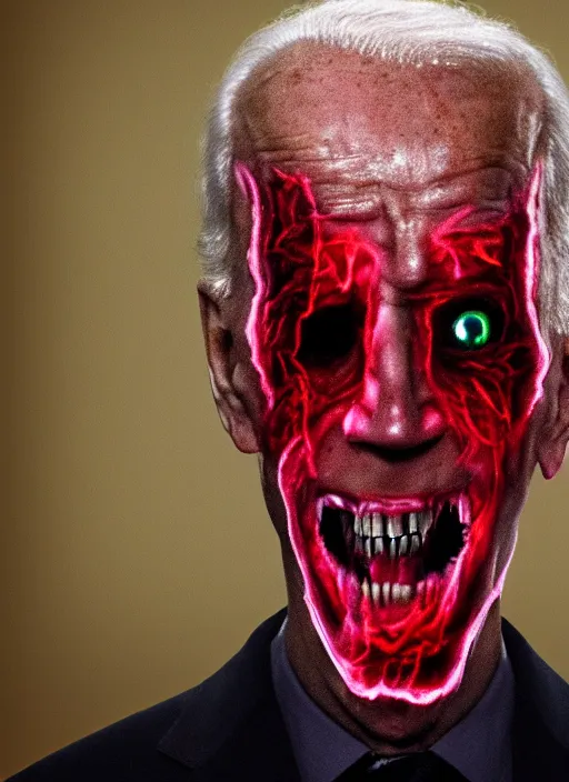 Image similar to hyper realistic ultra realistic horror terror dimensional photo furious glowing red eyes biden, high quality photo, detailed , 8k