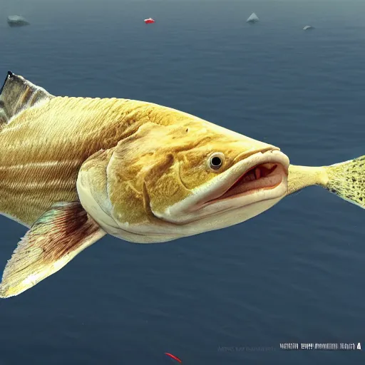 Image similar to incredibly detailed atlantic cod, hyper realistci, underwter, dynamic camera angle