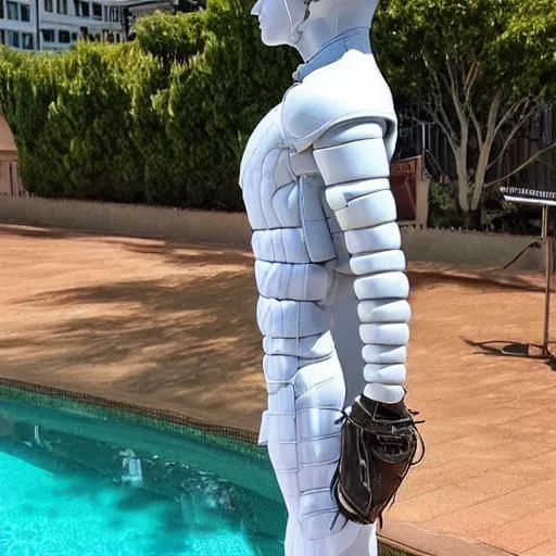 Image similar to “a realistic detailed photo of a guy who is an attractive humanoid who is half robot and half humanoid, who is a male android, baseball player Mike Trout, shiny skin, posing like a statue, blank stare, by the pool, on display”