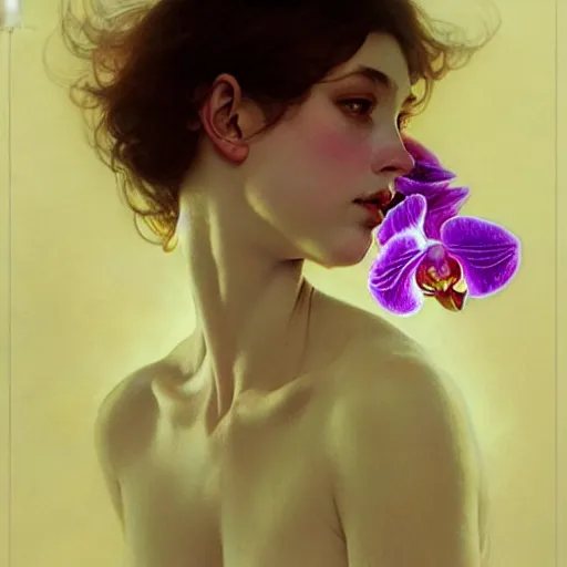 Image similar to surreal multilayer orchid petals, refracted lighting, photorealistic, soft, sharp focus, art by collier, albert aublet, krenz cushart, artem demura, alphonse mucha