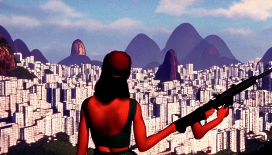 Image similar to 1 9 8 6 movie screencap of a girl with a gun on a rio de janeiro, gucci clothes, sparkes sky, beautiful favela background extremely utra high quality artwork 8 k