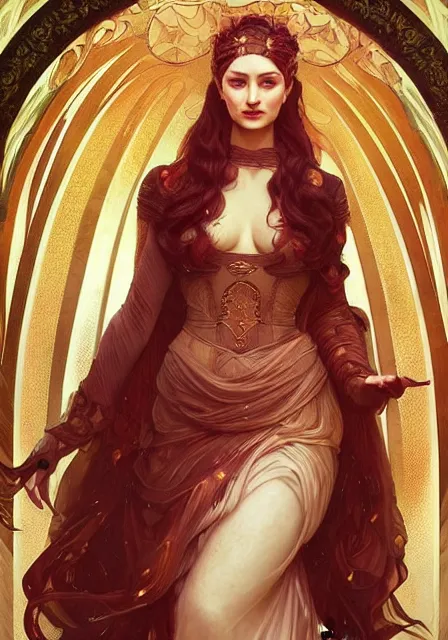 Image similar to sansa fire queen fire fire, intricate, elegant, highly detailed, digital painting, artstation, concept art, smooth, sharp focus, illustration, art by artgerm and greg rutkowski and alphonse mucha and william - adolphe bouguereau