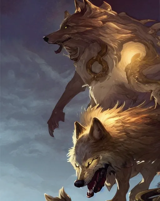 Image similar to '' Illustration a wolf (Fenrir) breaking its chains, (night), (moon in the background), league of legends, Fenrir, LOL, fantasy, d&d, digital painting, artstation, concept art, sharp focus, illustration, art by greg rutkowski and alphonse mucha ''