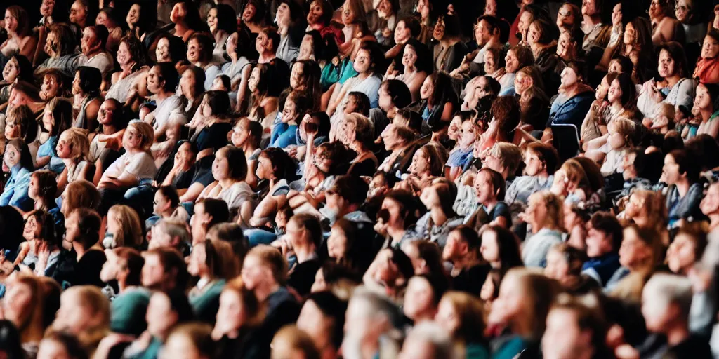 Prompt: a long shot of a seated audience with crying faces, screaming, howling, tears, yelling, shouting, telephoto lens