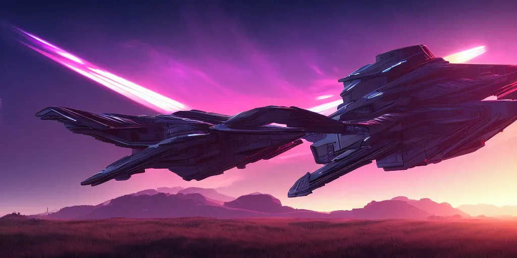 Image similar to synthwave spaceship hovering over fields and small houses, science fiction digital art, award winning, trending on artstation, digital art. highly detailed 8 k. intricate. lifelike.