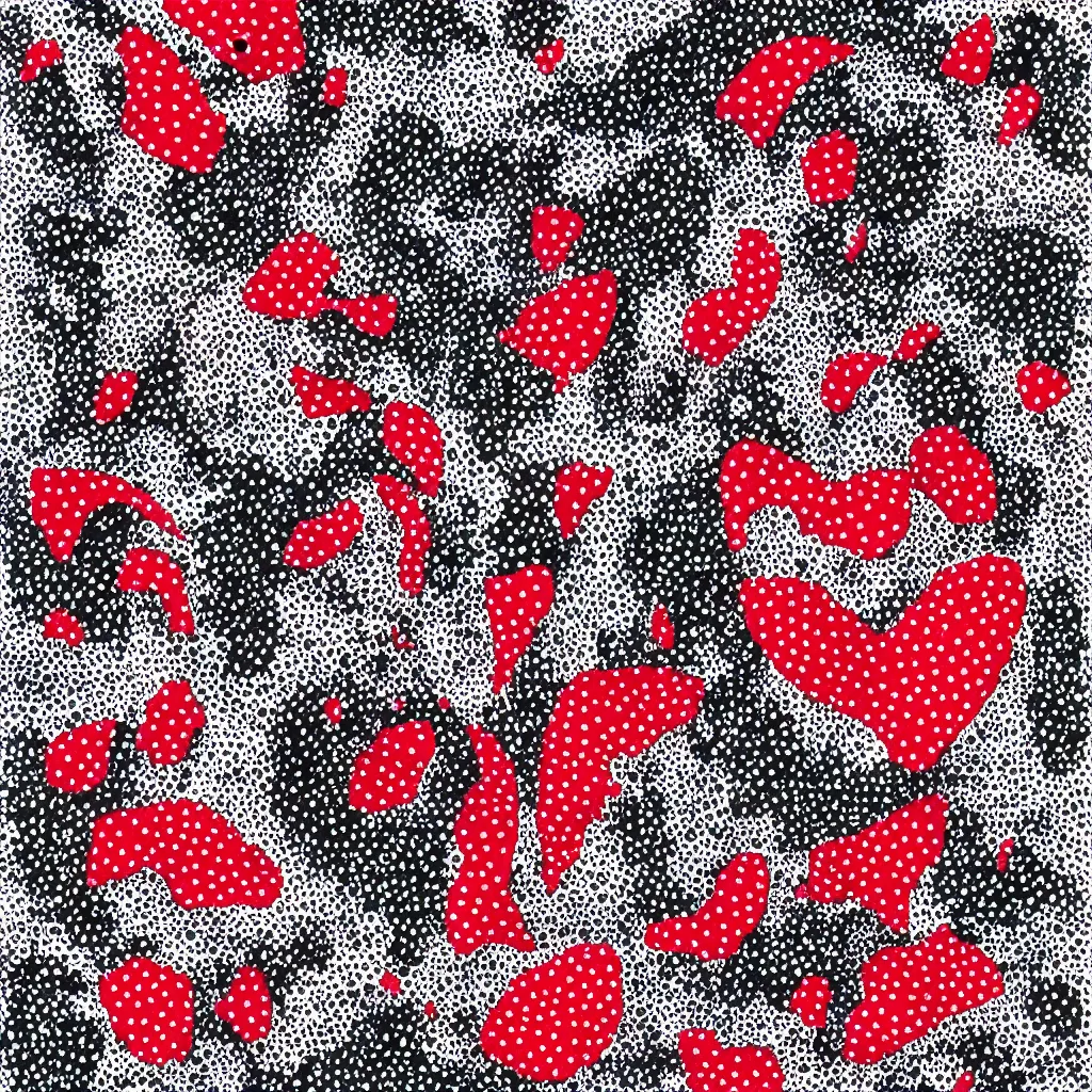 Image similar to camo made of strawberries, smiling, abstract, rei kawakubo artwork, cryptic, dots, stipple, lines, splotch, color tearing, pitch bending, color splotches, hearts, dark, ominous, eerie, minimal, points, technical, old painting