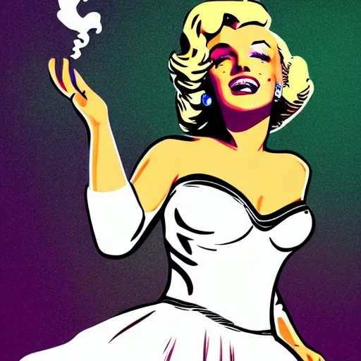 Image similar to marilyn monroe in a billowing white dress, updraft, fallout 7 6 retro futurist illustration art by butcher billy, sticker, colorful, illustration, highly detailed, simple, smooth and clean vector curves, smooth andy warhol style