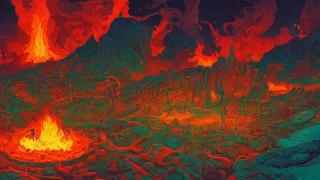 Prompt: highly detailed illustration of an amazing colorful fire in the middle of the night by kilian eng, moebius, nico delort, oliver vernon, joseph moncada, damon soule, manabu ikeda, kyle hotz, dan mumford, otomo, 4 k resolution