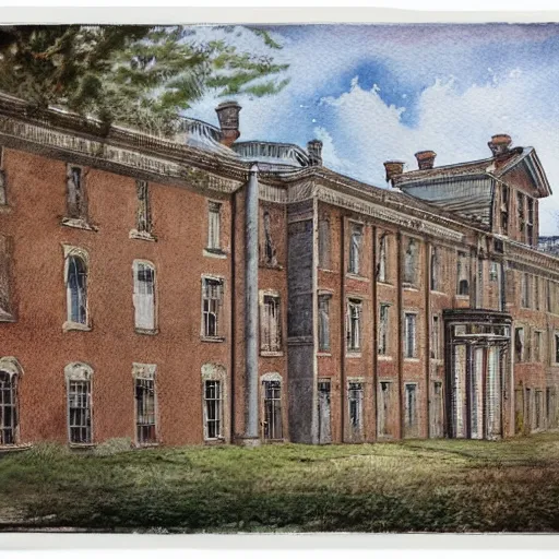 Prompt: front view of overgrown denbigh asylum aka the north wales hospital, full color, hyperrealistic, nice colour scheme, soft warm colour. studio gibli. beautiful detailed watercolor by lurid