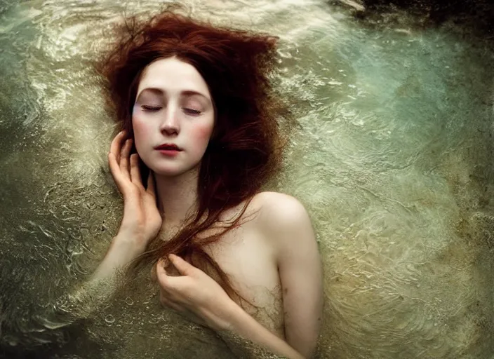 Image similar to Kodak Portra 400, 8K, soft light, volumetric lighting, highly detailed, britt marling style 3/4 by Martin Stranka , portrait photography of a beautiful woman how pre-Raphaelites with her eyes closed,inspired by Ophelia by Martin Stranka, the face emerges from water of Pamukkale, underwater face, anatomical real full body dressed ethereal lace dress floating in water surface , the hair are intricate with highly detailed realistic beautiful brunches and flowers like crown, Realistic, Refined, Highly Detailed, soft blur background, outdoor soft pastel lighting colors scheme, outdoor fine art photography, Hyper realistic, photo realistic