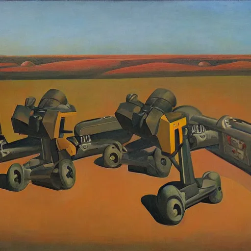 Prompt: battle robots in launch tubes, grant wood, pj crook, edward hopper, oil on canvas