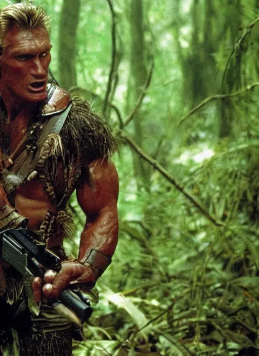 Image similar to film still of Dolph Lundgren as Dutch in Predator, 4k