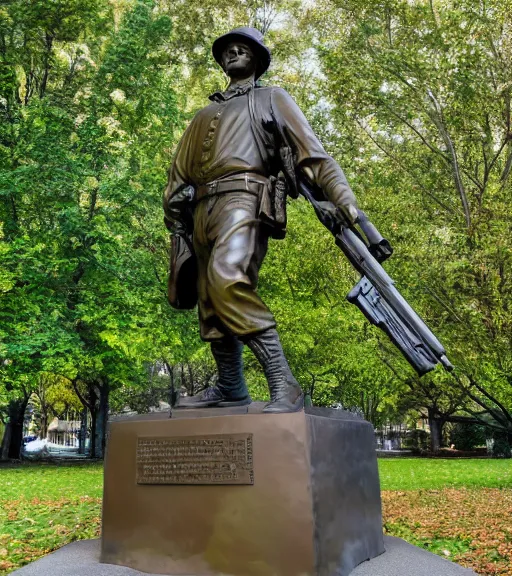 Prompt: a 4 k photorealistic photo medium shot of a bronze statue of an american soldier holding a rifle in a park