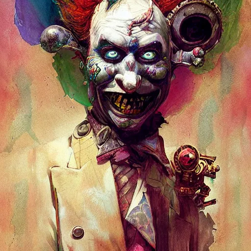 Image similar to Portrait of a creepy steampunk clown, fantasy, colorful, detailed, by Greg Rutkowski and Dave McKean