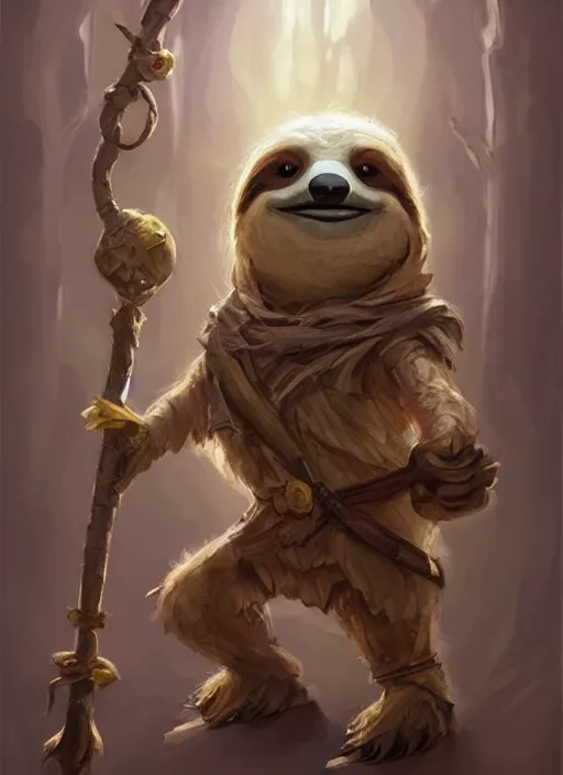 Image similar to cute little anthropomorphic sloth, wielding a magic staff, tiny, small, short, wizard robe, cute and adorable, pretty, beautiful, dnd character art portrait, matte fantasy painting, deviantart artstation, by jason felix by steve argyle by tyler jacobson by peter mohrbacher, cinema