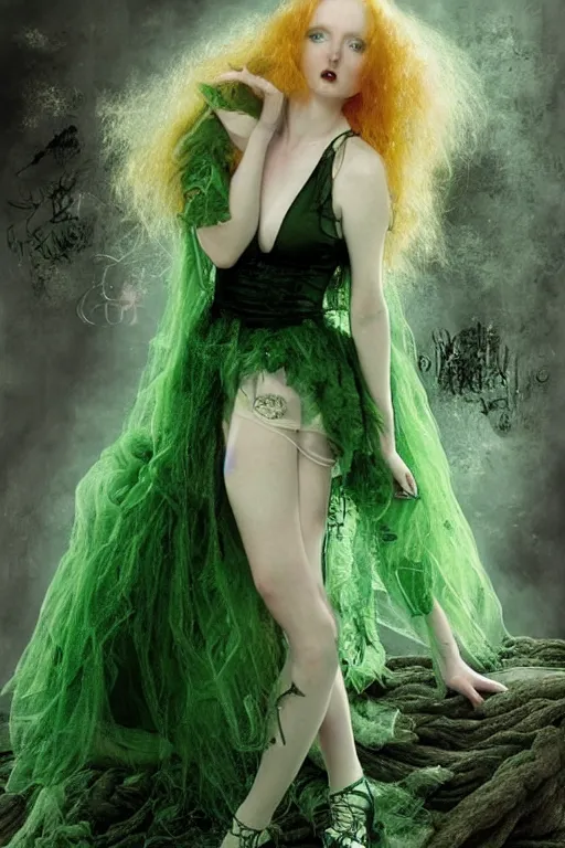 Image similar to full body portrait of lily cole as delirium from sandman, wearing a green dress and fishnet stockings by luis royo