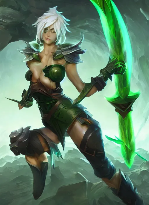Prompt: riven from league of legends, au naturel, fighting with green sword, hyper detailed, digital art, trending in artstation, cinematic lighting, studio quality, smooth render, unreal engine 5 rendered, octane rendered, art style by klimt and nixeu and ian sprigger and wlop and krenz cushart
