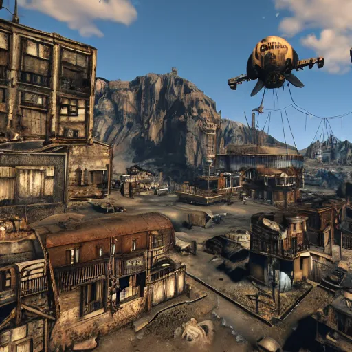 Image similar to a vertibird from Fallout flying over a steampunk village