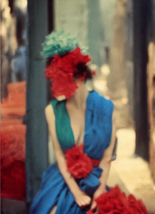 Image similar to out of focus, head to shoulders woman, photography by saul leiter and ernst haas in a decorated pompeii peristylium, tea green, airforce blue, red, pale skin, closed eyes