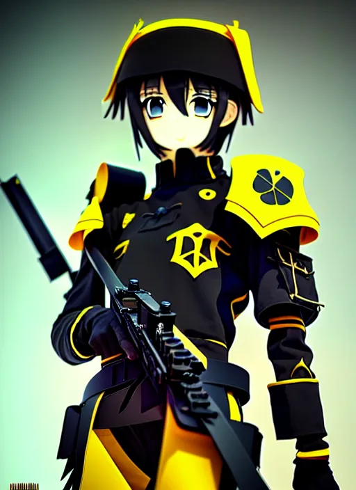 Image similar to anime portrait of a vicious helldiver scout soldier, black armor with yellow accents, closeup on face, ilya kuvshinov, anime, pixiv top monthly, trending on artstation, cinematic, danbooru, zerochan art, kyoto animation