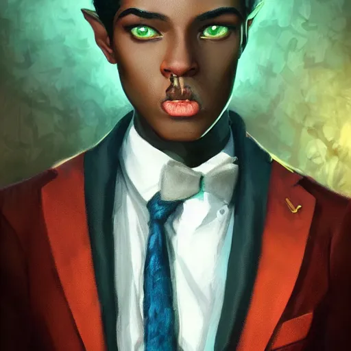 Image similar to portrait of a beautiful nonbinary actor with dark skin and messy short red hair wearing a men's suit, he has elf ears and gold eyes, by Gerald Brom and Ross Tran, dramatic lighting, 4K, trending on artstation