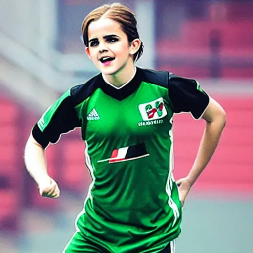 Image similar to emma watson as lokomotiv football player, hyper realistic