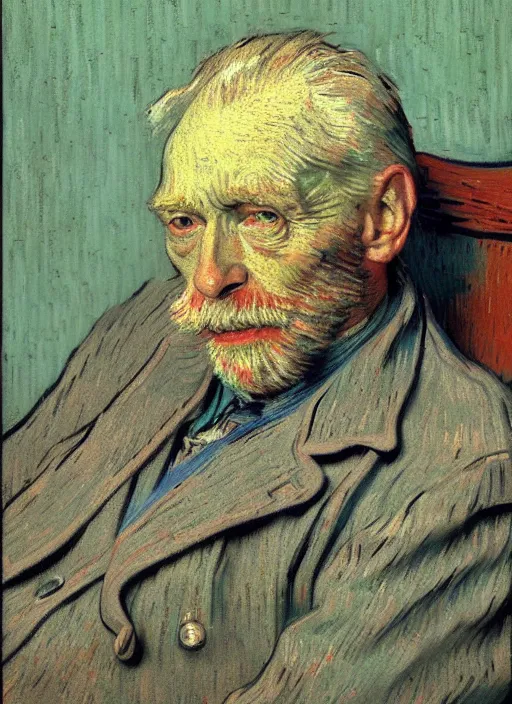 Prompt: portrait of a tired old man in a chair, detailed realism face in painting, detailed beautiful portrait, expressionist oil painting masterpiece, 8 k resolution, smooth, sharp focus, pastel color palette, trending on artstation, by van gogh