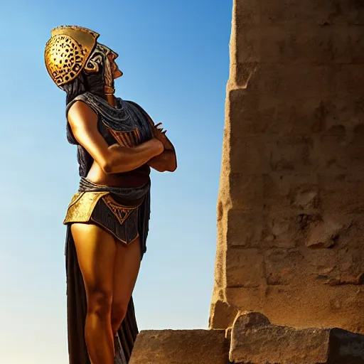 Image similar to greek ancient woman in bronze helmet standing on a giant greek ancient bearded man head, late afternoon light, greek temple of olympus glory island, wispy clouds in a blue sky, by frank lloyd wright and greg rutkowski and ruan jia