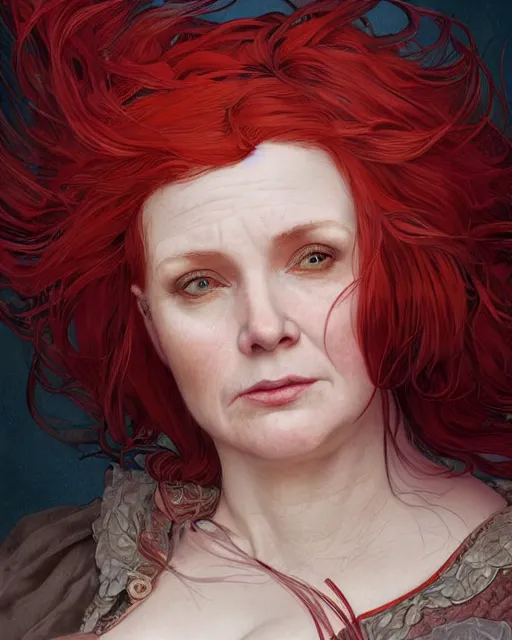 Prompt: portrait of short and plump 5 0 - year - old woman with red hair and a kind face, wearing dress, hyper realistic face, beautiful eyes, close up, fantasy art, in the style of greg rutkowski, intricate, alphonse mucha, hyper detailed, smooth