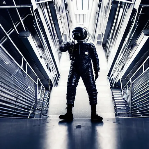 Image similar to mysterious man in silver space suit, walking on an industrial catwalk with stairs that lead nowhere, floating in deep space with a black background, photograph, wide angle