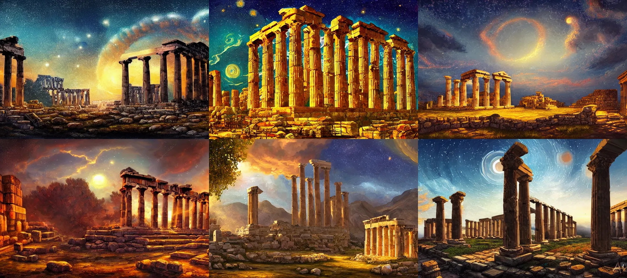 Prompt: ancient greek ruins, digital painting, concept art, fantasy, colourful, starry night, golden lighting