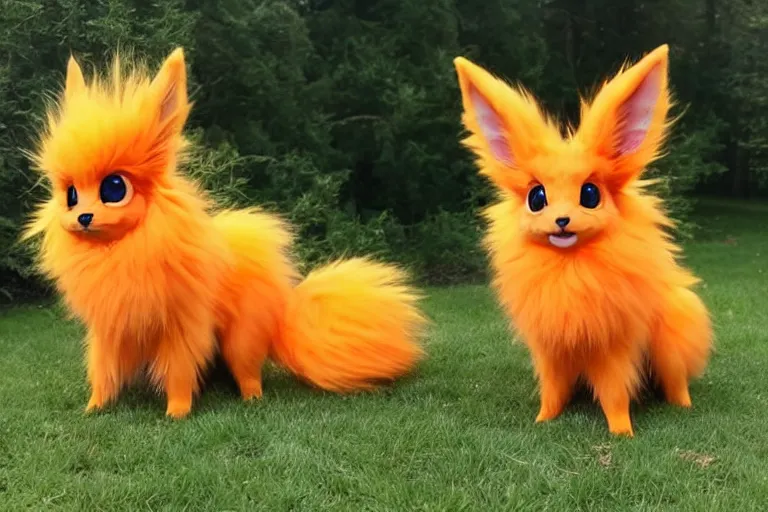 Image similar to real life flareon pokemon, cute!!!, heroic!!!, adorable!!!, playful!!!, fluffly!!!, happy!!!, cheeky!!!, mischievous!!!, ultra realistic!!!, autumn, clear weather, ( golden hour ), sharp focus