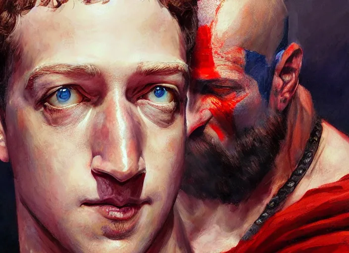 Prompt: a highly detailed beautiful portrait of mark zuckerberg as kratos, by gregory manchess, james gurney, james jean
