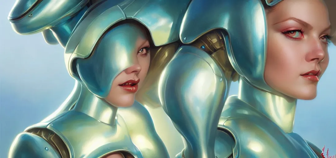 Image similar to face of a cute alien girl wearing shiny plastic armor in the style of roger dean and alberto vargas and stefan kostic, realistic, sharp focus, 8 k high definition, insanely detailed, intricate, elegant, art by greg rutkowski and artgerm, extreme blur coral reef background