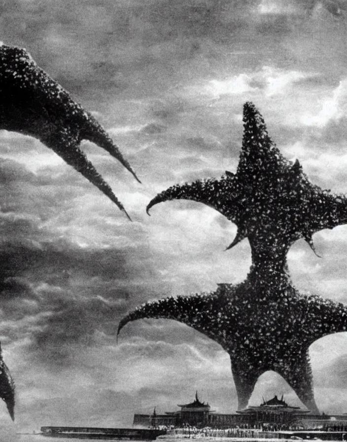 Image similar to a filmstill of a north korean monster movie, kaiju - eiga monster with starfish - arms trampling a traditional korean palace, foggy, film noir, epic battle, etheral, explosions, communist propaganda, communist epic thriller produced by kim jong - il, cinematography by akira kurosawa and tim burton, video compression