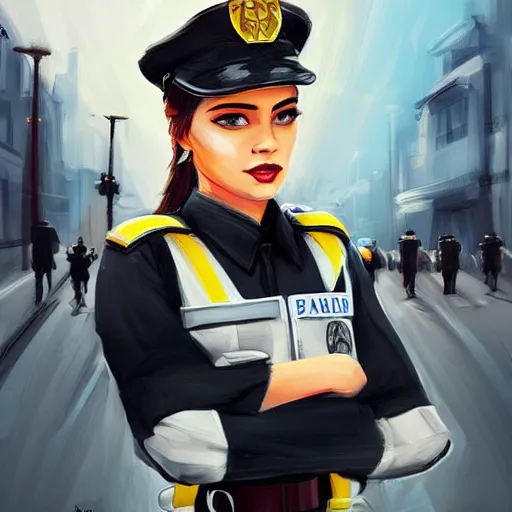 Prompt: concept art, elegant, smooth, artstation, portrait, traffic police woman, in street, latina, mexico
