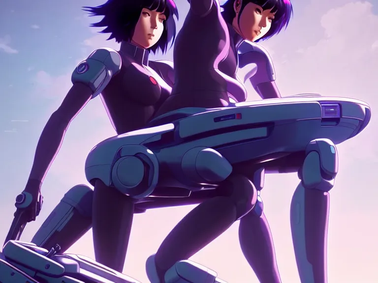 Image similar to a fullbody portrait of motoko kusanagi riding on top of a tachikoma : : stand alone complex, ghost in the shell, netflix : : by ilya kuvshinov, rossdraws, artgerm, sola digital arts, anti aliasing, raytracing : :