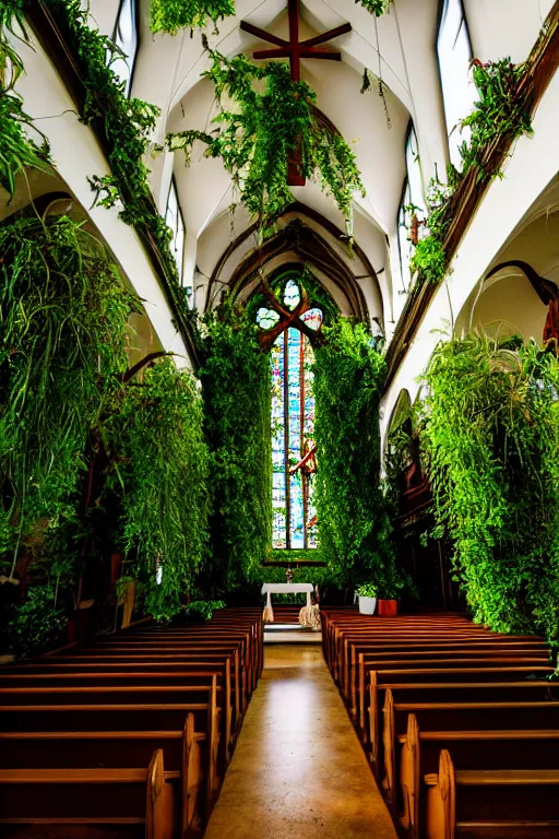 Prompt: photo inside a church overgrown by lush plants, ornate