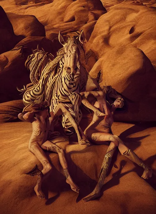 Image similar to desert circus mystics, surrealism, dark undertones, outside, bohemian, intricate artwork by caravaggio. trending on artstation, octane render, cinematic lighting, hyper realism, depth of field, 3 - d